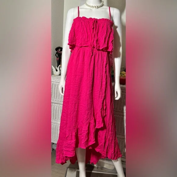Lulus Maxi Dress High Low Smocked Low Cut Ruffles Layered in Hot Pink Size M NWT - Picture 2 of 11